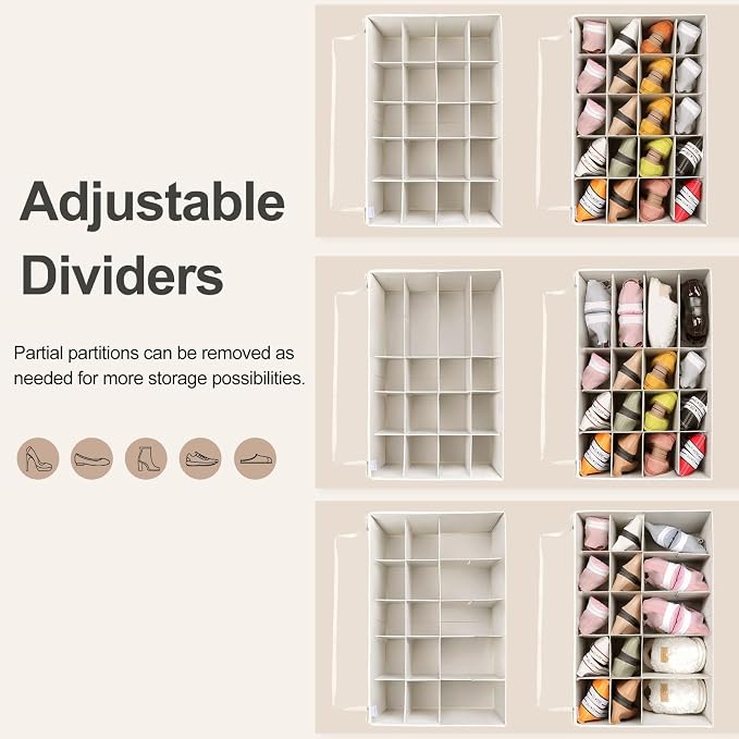 Shoe Organizer for Closet, Foldable Shoe Box with Adjustable Dividers and Clear Cover, Space Saving Shoe Storage Organizer Cabinet with Reinforced Handles, Fits 20 Pairs, Beige TP10Y