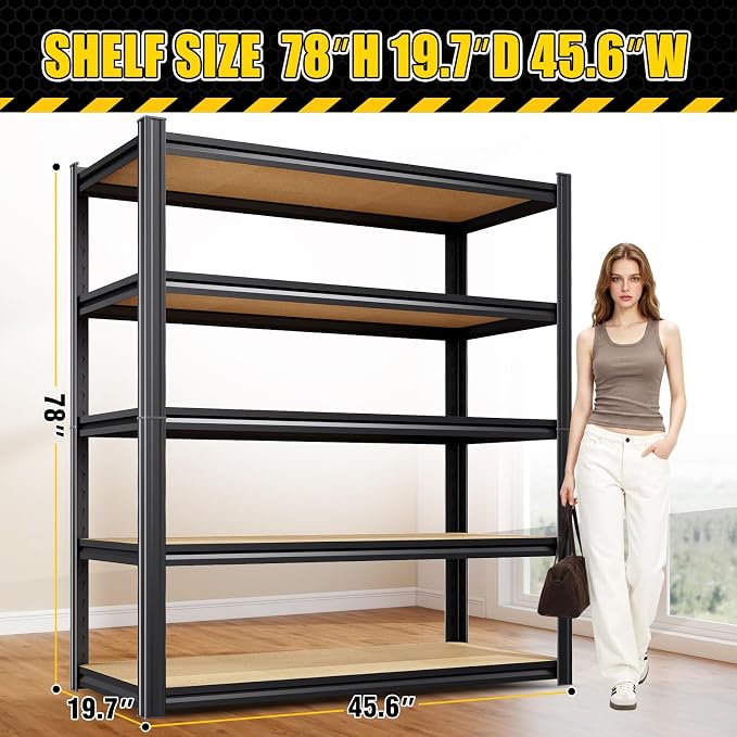 3 Pack Garage Shelving Heavy Duty Storage Shelves, Metal Adjustable Shelving Unit, Utility Garage Organizer Shelf for Basement, Pantry, Kitchen, Warehouse, 78" Hx45.6 Wx19.7 D, Black