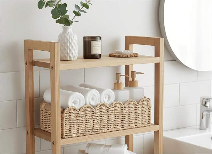 CubesLand Scalloped Toilet Paper Storage Basket W/Handle for Home Decor | Paper Rope Toilet Organizer Basket for Countertop, Over Toilet Shelf, End Table, Living Room Cozy Decorative & More, Beige