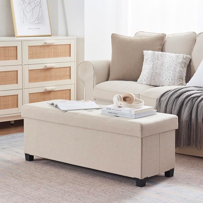 Ornavo Home 43" Large Storage Ottoman Bench with Legs, Beige | Foot Rest Stool; Ottoman with Hidden Storage; Ideal for Bedroom, Living Room, Entryway or Home Office