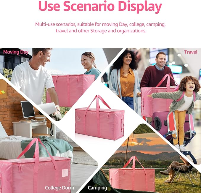 Moving Bags Heavy Duty Extra Large, Moving Boxes, Moving Supplies Essentials,Storage Bins with Lids, Plastic Packing Totes, Storage Bags for Clothes with Handles & Zippers(Pink, 6 Pack)