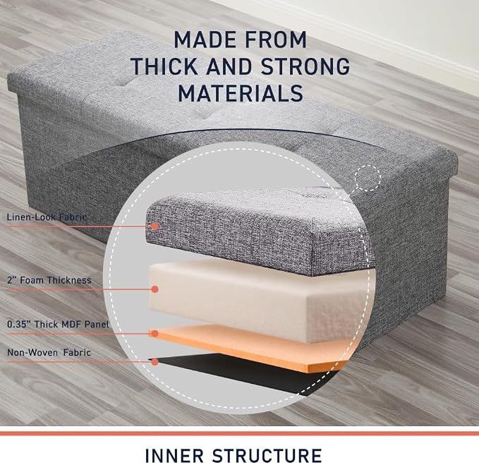 Ornavo Home 43 Inch Folding Extra Large Storage Bench, Linen, Gray | Upholstered Tufted Ottoman with Lid; Foot Rest Stool; Ideal for Bedroom, Living Room or Entryway