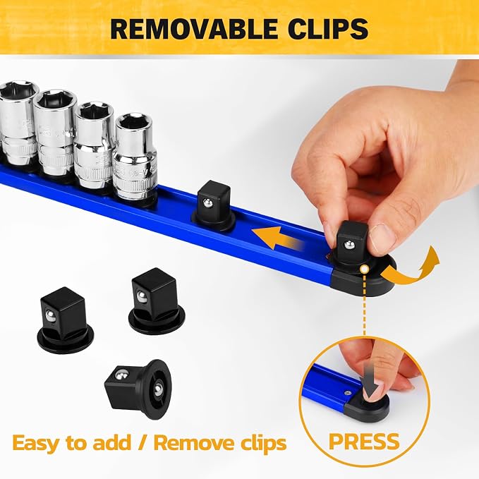 5-Piece Magnetic Socket & Bit Organizer Kit, 1/4" 3/8" 1/2" Heavy Duty Socket Holder Holds 40 Clips, Aluminum Sockets Rail for Tool Box Drawer, 1/4" Slidable Drill Bit Organizer Holds 80 Bits