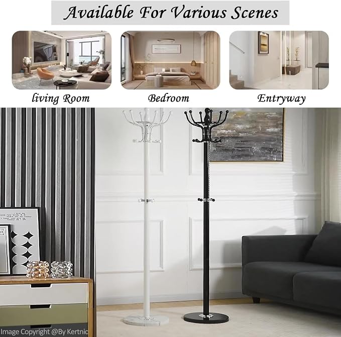 Kertnic Freestanding Coat Rack with 16 Hooks & Marble Base - Heavy Duty Metal Hall Tree Stand for Entryway, Hats, Coats, Bags Rack- Modern Hanger Organizer for Home, Office, Dorm (16 hooks -White)