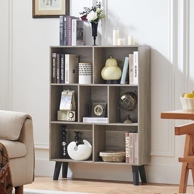 LEYAOYAO Cube Bookshelf, Mid-Century Modern Book Shelf with Legs,Retro Grey | 3 Tier Bookcase, Rustic Wood Bookshelves Freestanding Small Storage Organizer, Open Shelves for Bedroom, Living Room, Office