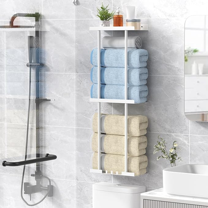 Liuoud Towel Rack for Bathroom, Wall Mounted Vertical Rolled Towel Storage Organizer Holder with Shelf, Holds Up 6 Large Bath Sheets, White Large Size