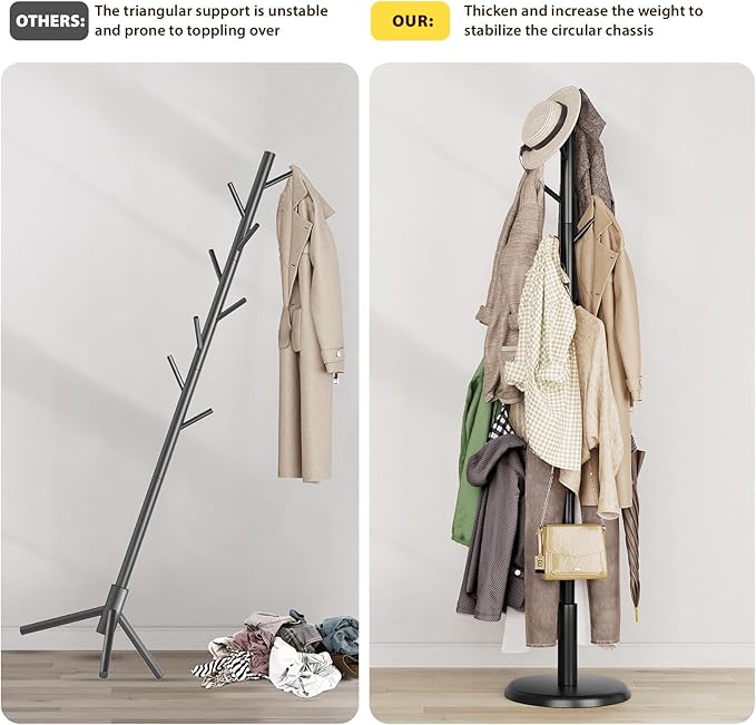 Taitiy Solid Wood Coat Rack Freestanding Coat Tree | with 10 Hooks for Bedroom, Livingroom, Entryway, Sturdy Coat Hanger Stand for Hats, Coats, Scarves, Handbags, Purses