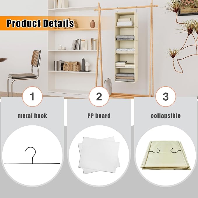 Hanging Closet Organizer 5-Shelf, Oxford Fabric Wardrobe Storage, Beige | Easy-mount foldable design holds clothes, handbags, shoes & accessories; washable Oxford fabric, sturdy and space-saving.