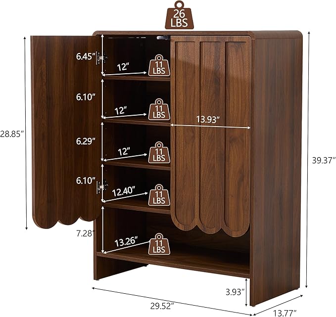 Shoe Storage Cabinet with Scalloped Doors, 5-Tier Wooden Shoe Cabinet with Adjustable Shelves, Shoes Rack Storage Organizer for Entryway, Hallway, Living Room, Walnut