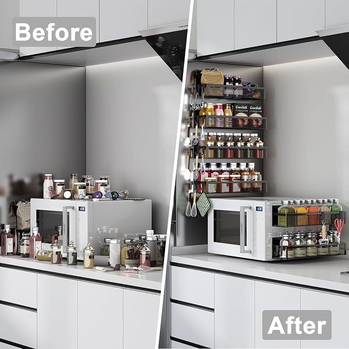 Aufworld Magnetic Spice Rack for Refrigerator, 6 Pack Magnetic Shelf, Fridge Magnet Organizer with Moveable 12 Hooks, Magnetic Fridge Shelf for Kitchen Organization and Storage (6 Pack)