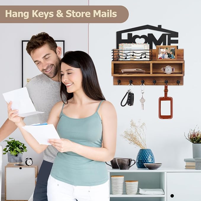 VIS'V Key Holder Wall Mount, Decorative Wood Mail and Key Organizer, Brown | Contains Iron Storage Basket, Small Shelf, 2 Compartments, 6 Hooks, for Entryway, Hallway, Doorway, Kitchen, Garage, RV