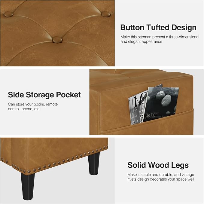 60" Storage Ottoman Bench, Faux Leather Upholstered Bed Bench with Tufted Buttons and Nailhead Trim, Large Ottoman with Storage for King Size End of Bed, Bedroom, Entryway, Hallway (Camel)