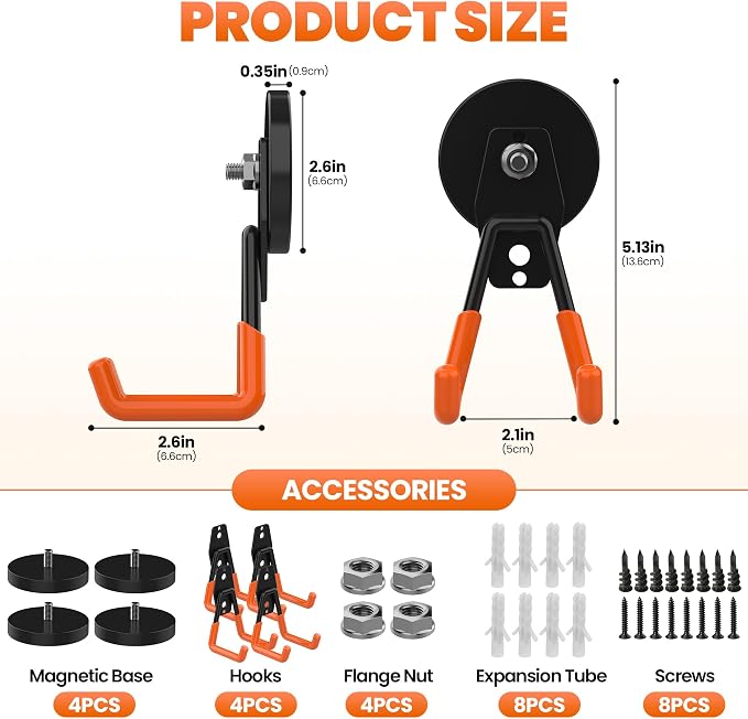 Extra Large Heavy Duty Magnetic Hooks, Large Strong Magnet Hooks, Industrial Magnetic Hooks with Anti-Slip Coating, Magnetic Utility Hooks for Garage, Garden Tools Organization (4Pcs Orange)