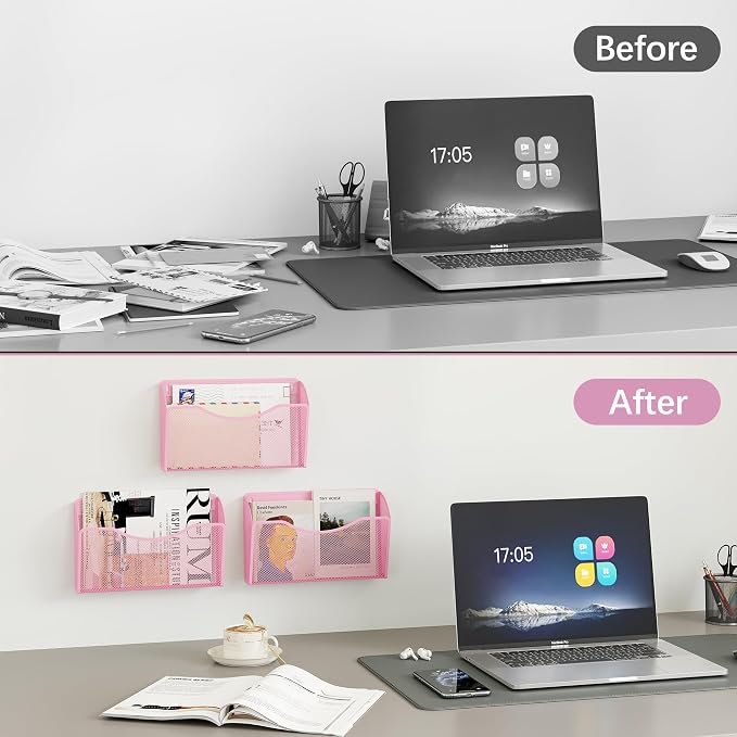 EasyPAG Wall File Organizer 3 Pack, Hanging File Organizer Wall Mount, Metal Mesh Folder Holder for Letter/A4 Papers, Mail Sorter for Office, Classroom, Home, Pink