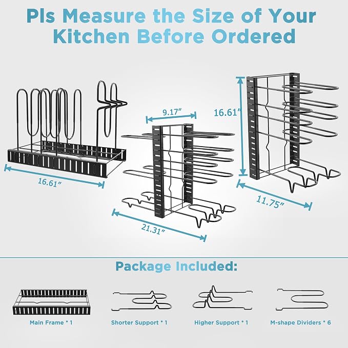 Pots and Pans Organizer Under Cabinet 16.6", 8-Tier Adjustable Rack | 3 DIY Modes, Tool-Free Assembly, Non-Slip, Fits Lightweight Cookware Up to 11", For Kitchen Cabinets, Shelves & Countertops