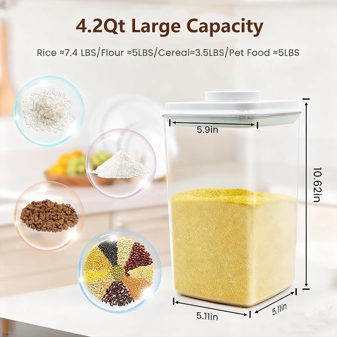 Melovom 4 Pcs Large Pop Airtight Food Storage Containers Set with Lids, 4.2Qt/4L Food Containers with Scoop, Kitchen Pantry Organization and Storage, BPA Free Stackable Cereal Container (4 * 4.2Qt)