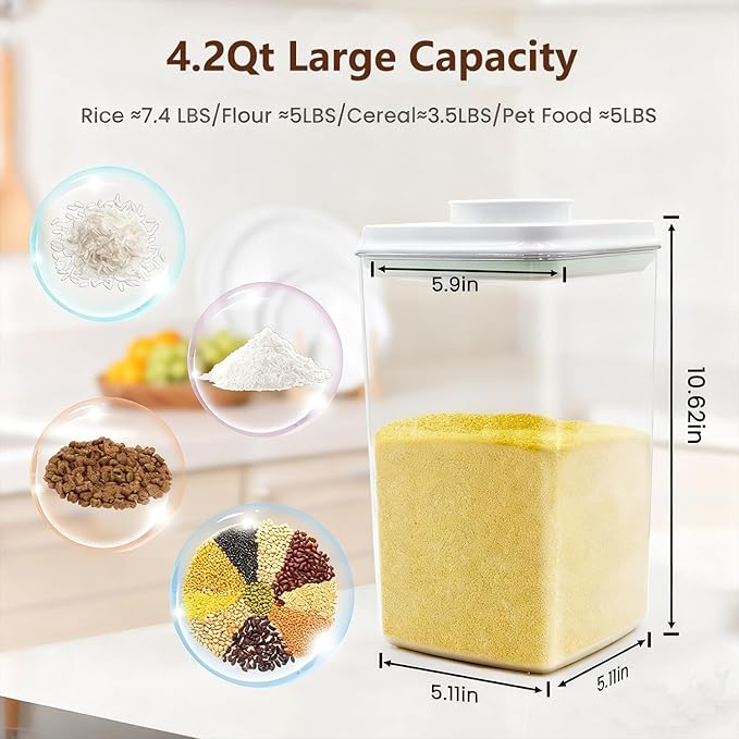 Melovom Pop Airtight Food Storage Container with Lid, 4L/4.2qt Large Cereal Flour Sugar Storage Container with Scoop, One Button Opening, BPA-Free, Kitchen Pantry Organization and Storage