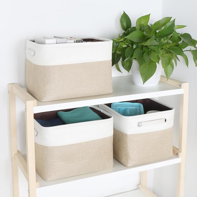 Foldable Storage Bin Collapsible Fabric Storage Basket Cube with Durable Handles Closet Organizer Bins for Organizing Shelves Drawers, Set of 3, 12" x 10" x 9.5", Beige