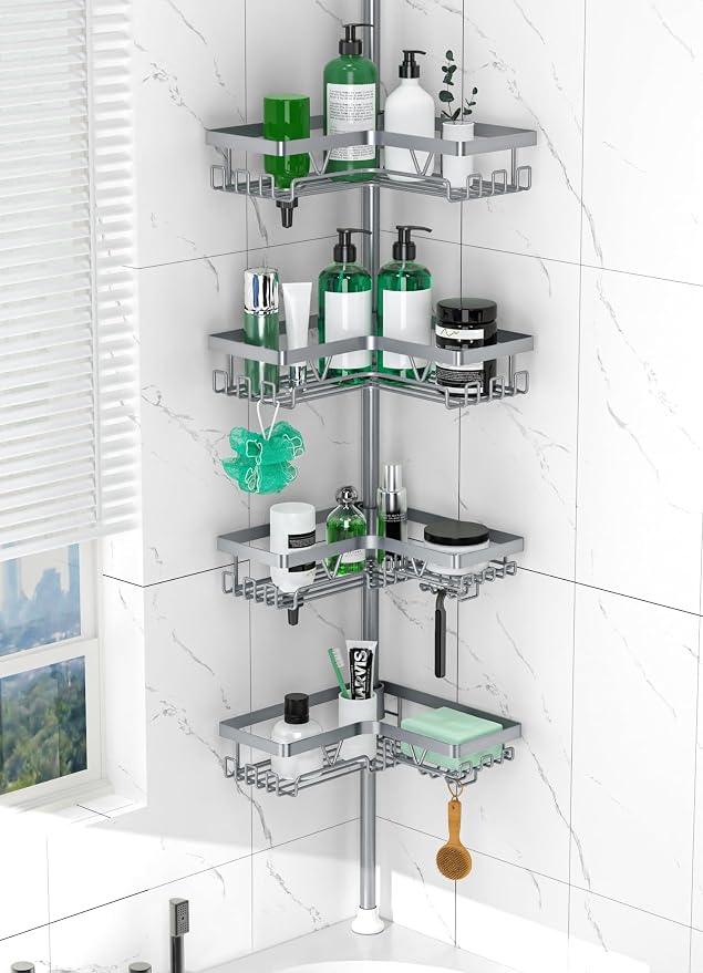 DAOYA Corner Shower Caddy Tension Pole, Light Gray | 4-Tier, Rustproof, Adjustable 25-114.2 Inch, Bathroom Organizer for Renters, Bathtub Shampoo Storage