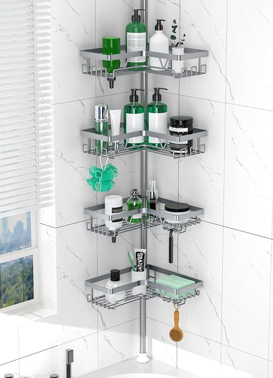 DAOYA Corner Shower Caddy Tension Pole, Light Gray | 4-Tier, Rustproof, Adjustable 25-114.2 Inch, Bathroom Organizer for Renters, Bathtub Shampoo Storage