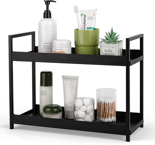 Bathroom Counter Organizer Vanity Storage Countertop Shelf, Large Black | 2 Tier Makeup Organizer Perfume Tray Skincare Holder for Sink, Dresser, Kitchen