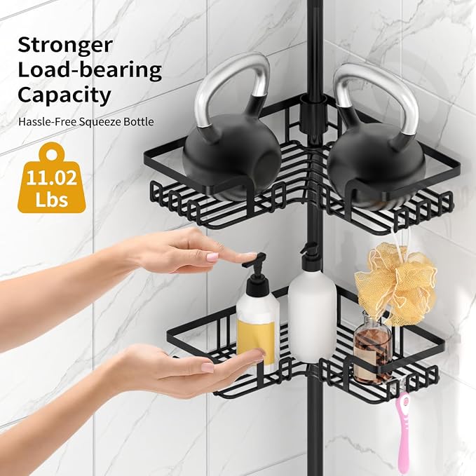 KEGII Shower Caddy Corner Tension Pole, Bathroom Organizer, 4-Tier Black | Rustproof Adjustable Rod with Floor to Ceiling Design, 25-114.2 inch Fit for Shampoo, Bath Essentials and Corner Storage