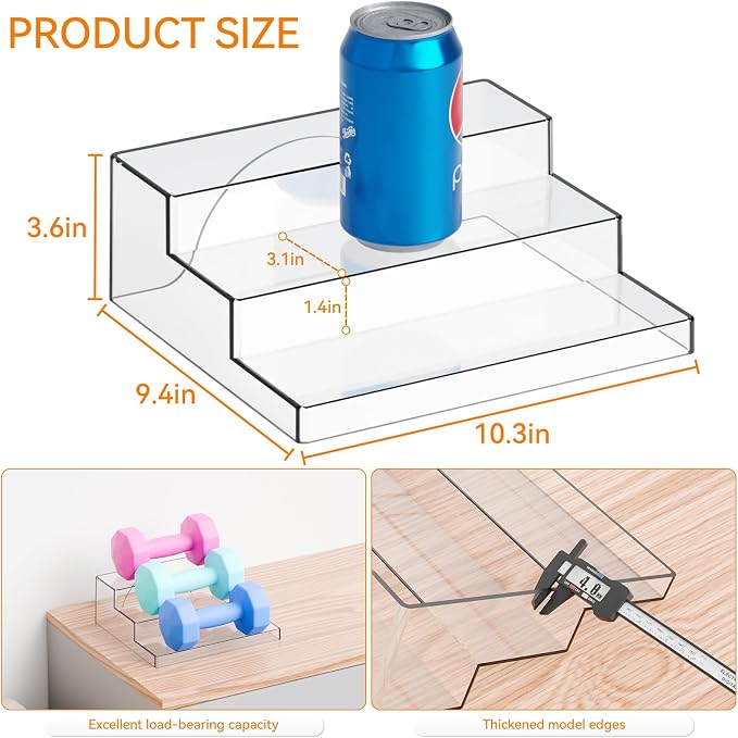 2 Pack 3 Tier Clear Acrylic Spice Rack Organizer for Cabinet and Pantry Shelf - 10.3″L Small Tiered Spice Rack and Step Shelves for Vitamin,Medicine Bottle,Jar,Can,Seasoning,Condiment Organizer