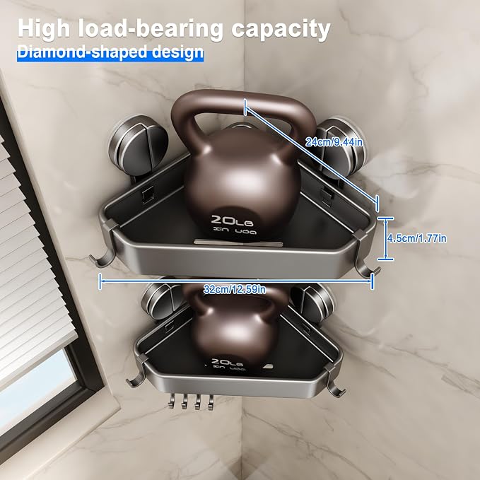 Mustorn Suction Cup Shower Caddy Corner, 1 Pack Suction Corner Shower Shelves No Drilling, Rustproof Shower Organizer Suction Cup with Towel Holder & Hooks Removable Bathroom Storage Rack(Gray)