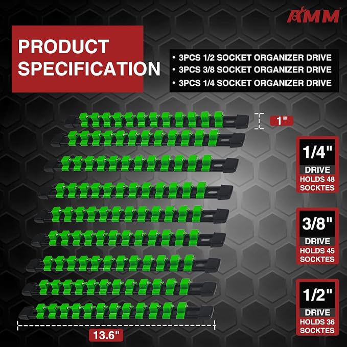 AMM 9-Piece Socket Organizer, 1/2 inch, 3/8 inch and 1/4 inch Drive ABS Tools-Green Socket Holder,Heavy Duty Socket Racks, Premium Quality Socket Clip Rail Holder,The Best Tool Trays in The Garage