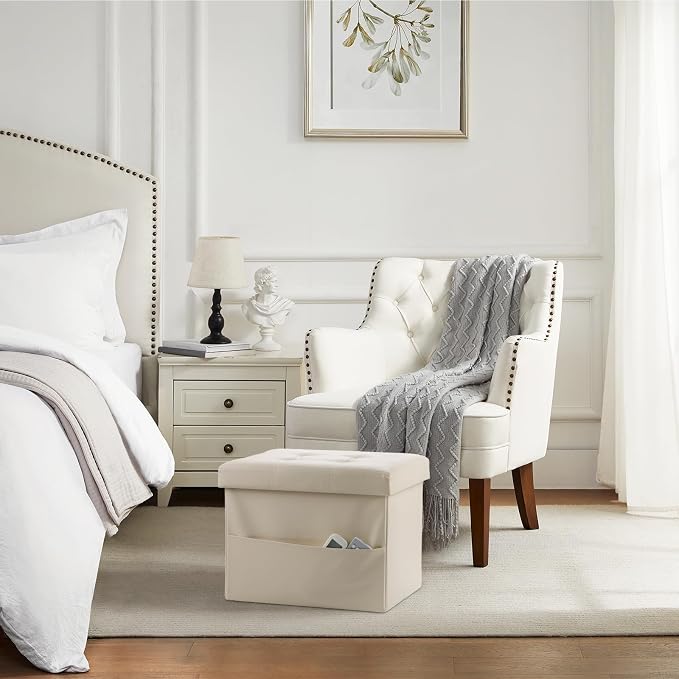 Bsketa Storage Ottoman Bench,16 Inch Folding Leather Foot Rest Stool, Beige | Small Ottoman with Side Pockets, Thicker Foam Padded Seat, Livingroom, Dorm, Bedroom, Easy to install, 38L, 16x12x12in