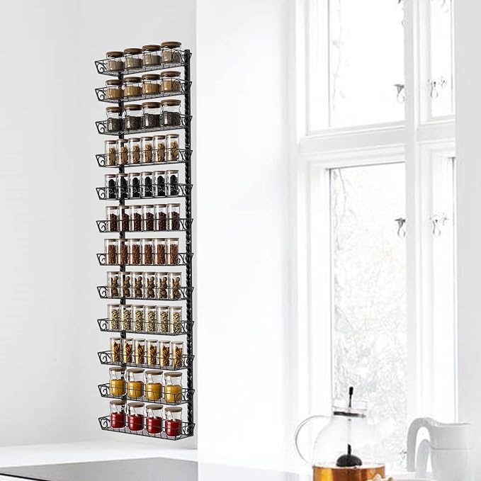 SWOMMOLY Wall Mount Spice Rack Organizer, 12-Tier Adjustable Dual-Use Shelf | Hanging Spice Rack Organizer, Kitchen Pantry Cabinet Storage Holder for Spices, Mason Jars, Bottles & Cans, Black