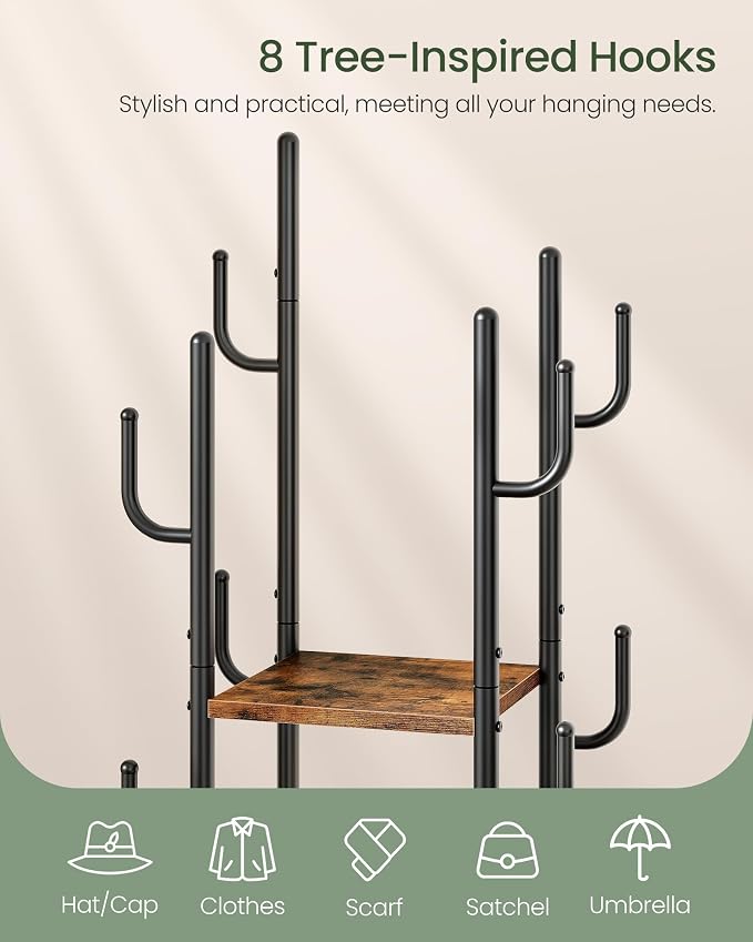 Coat Rack Freestanding, Coat Rack with 3 Shelves, 8 Hooks and 1 Fabric Pouch, Square Coat Hanger Stand, Metal Clothes Tree for Living Room, Bedroom, Entryway, Rustic Brown and Black TYM03BF