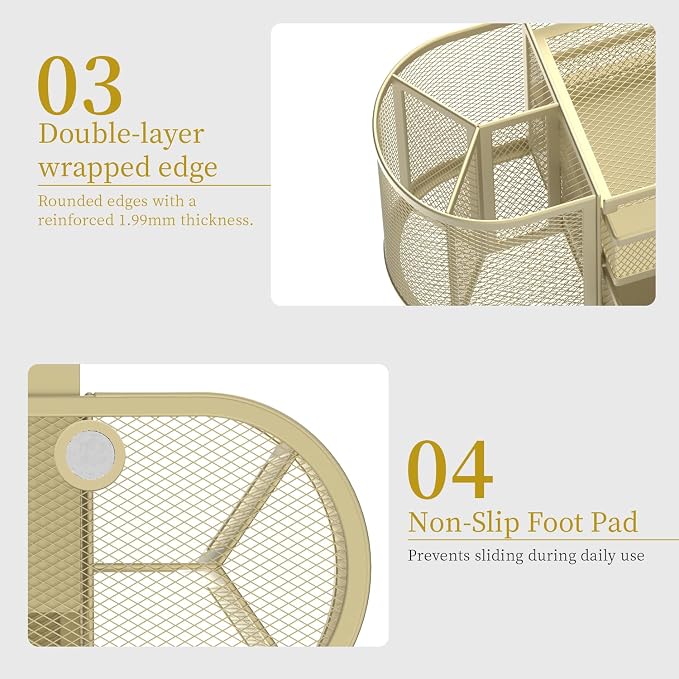 Mesh Desk Organizer, Desk Organizers and Accessories, Pen Holder with Drawers, Pencil Holder for Desk with 2 Drawer for Office Supplies, Golden yellow