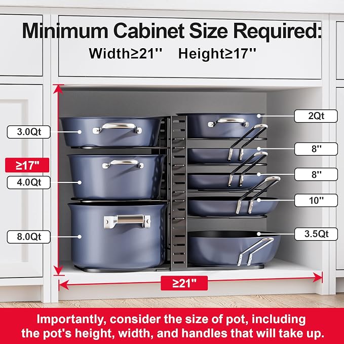 Pots and Pans Organizer Under Cabinet 14.6", 8-Tier Adjustable Rack | 3 DIY Modes, Tool-Free Assembly, Fits 6–11" Lightweight Cookware, For Kitchen Cabinets, Shelves & Countertops Pot Organizer
