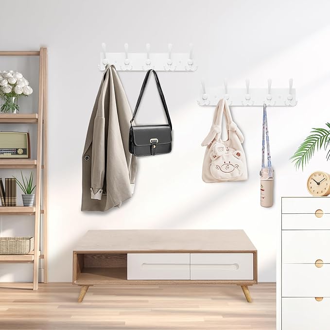 Kuhome Coat Rack Wall Mount Coat Hooks Wooden Hat Rack for Wall Hooks Pine Real Wood Plank 16.9" White Coat Hanger with 5 White Triple Hooks for Hanging Coat Hat Jacket