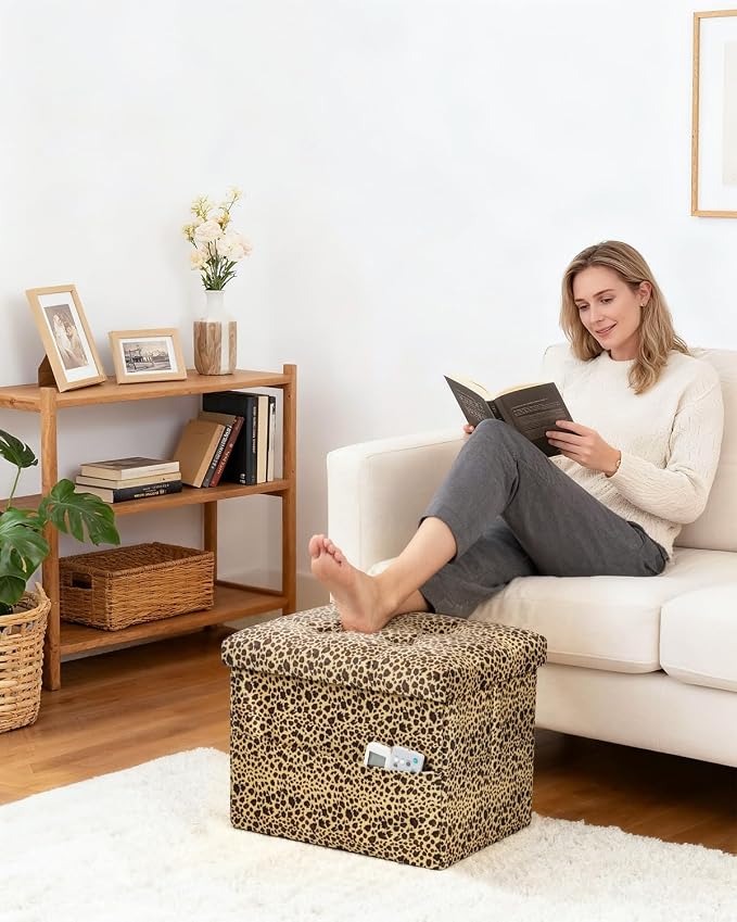 Bsketa Storage Ottoman, 17" Folding Velvet Foot Rest,Leopard Print 2 Pack | Small Ottoman with Side Pockets, Thicker Foam Padded Seat, Livingroom, Dorm, Bedroom, Easy to install, 43L,17x13x13in