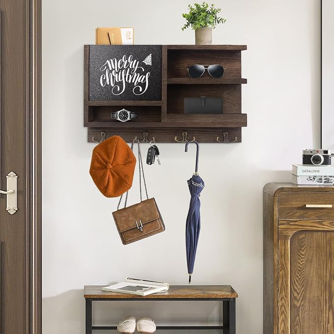 WEWEOW Key Holder for Wall, Mail Organizer Wall Mount with Key Hooks and Chalkboard & Mirror for Sunglasses Storage and Dog Leash Hanger, Decorative with 4 Double Hooks