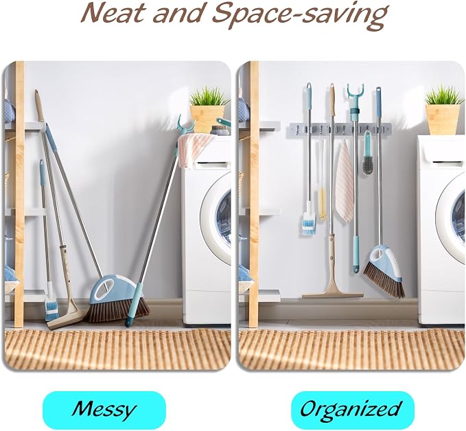 OUTNILI Gray Mop Broom Holder Wall Mount with 4 Slots & 4 Hooks - Wood Broom Mop Hanger for Pantry Closet Laundry Room Organization - Heavy Duty Garden Tool Organizer