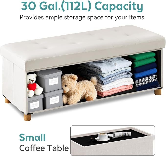 BRIAN & DANY 43 Inches Folding Storage Ottoman Bench, Ottoman with Storage Bench for Bedroom, Living Room, Entryway, with Legs, White