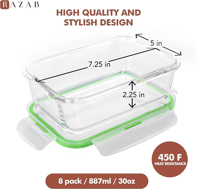 Razab 16 Pc (Set of 8) 30 Oz Glass Meal Prep Containers with Lids, Airtight Large Glass Food Storage Containers, Reusable Leak Proof BPA Free, Freezer to Oven and Dishwasher Safe