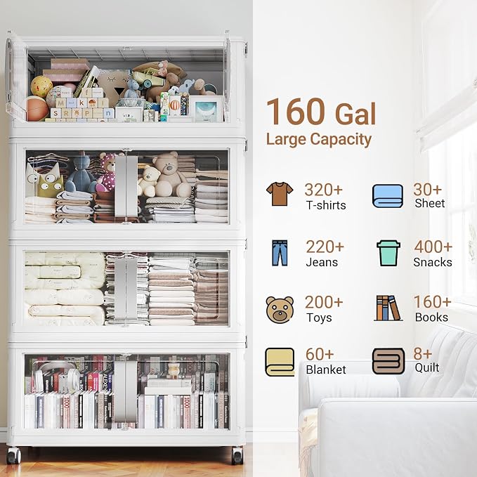 BROVIEW 640Qt Extra Large Stackable Storage Bins with Lids, 160Gal Collapsible Storage Bin with Wheels Clear Door, Folding Plastic Closet Organizers and Storage Drawers for Home Kitchen, 4 Pack White