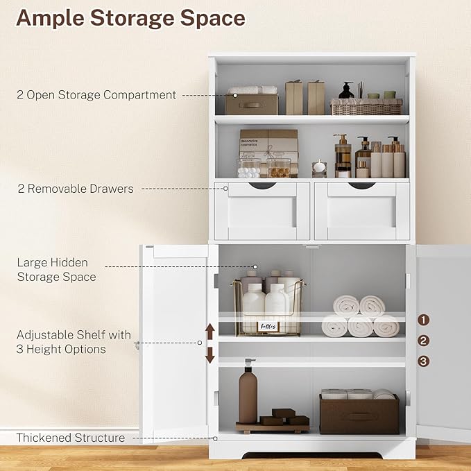 Iwell Tall Bathroom Cabinet, Storage Cabinet with Adjustable Shelves, Bathroom Storage Cabinet for Living Room, Dining Room, Entryway, White