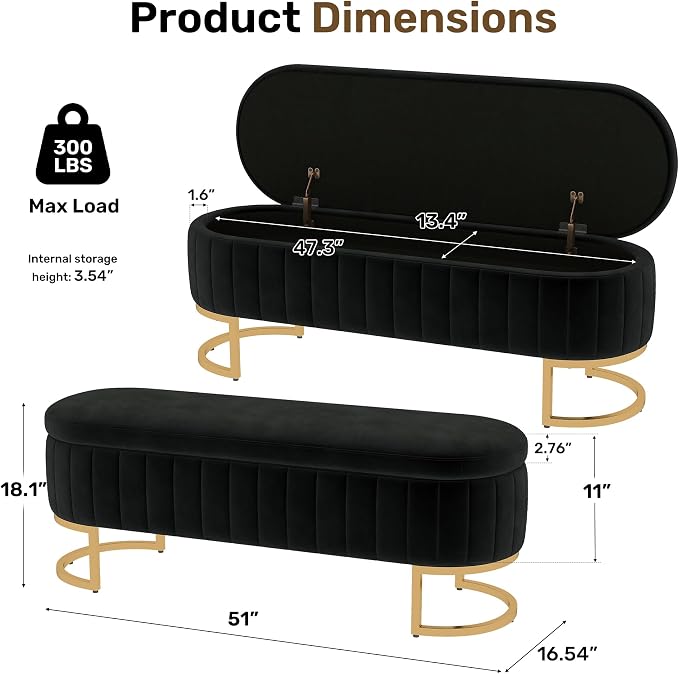 51" Velvet Storage Ottoman Bench End of Bed for Bedroom Entryway Black