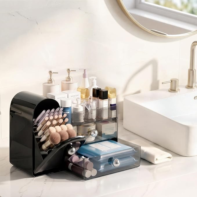 Delamu Makeup Organizer for Vanity with Closed Brush Holder, Large Bathroom Counter Organizer with Drawers, Skincare Organizers for Countertop, Storage Perfume Cosmetic Lipstick Beauty (Black)