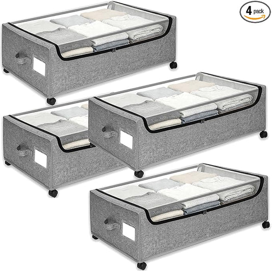 Under Bed Storage with Wheels, 4-Pack Under the Bed Storage Containers with Clear Lids & Label, Underbed Storage Bins, XXXL 85L 11 inches Rolling Metal Drawer for Clothes, Shoes, Toys, Books - Gray