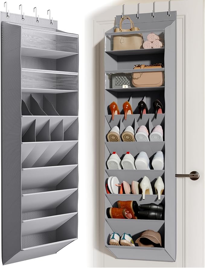 Mefirt 16-20 Pairs Over the Door Shoe Organizer, Clear Pockets Shoe Rack for Closet Door, Hanging Shoe Rack for Boots, Behind the Door Shoe Holder Fit All the Family's Sneakers, Boots, Heels, Grey