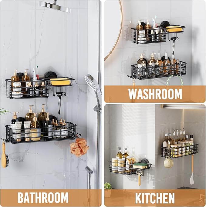 LEVERLOC Shower Caddy Suction Cup, 2 Pack Suction Shower Shelf With Hooks | Black Shower Caddies, Soap holder, NO-Drilling Bathroom Holder, Rustproof bathroom organizer