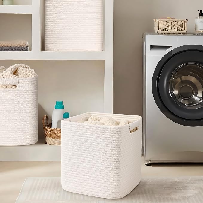 13 Inch Storage Cubes, 3 Pack Cube Storage Bins for Organizing, Cotton Rope Woven Baskets for Shelves, Bathroom, Kids Room, Closets, Baby Nursery