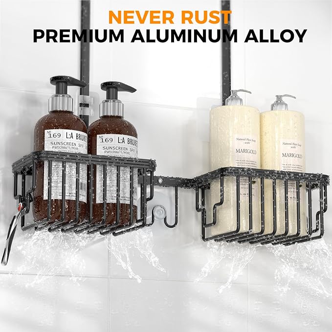 Adjustable Aluminum Shower Caddy Hanging for Handheld Showerhead, Black | Rustproof Aluminum, Shower Organizer, Anti-Slip, Quick-Drain Shelf, 40lbs Capacity, Suction Cups, 8 Hooks, Razor Soap Holders