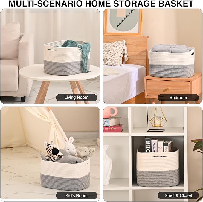 ICERZCZ Woven Cotton Rope Storage Basket for Organizing, Cute Decorative Baskets for Gifts Empty, Organizer Bins for Dog Toy, Baby Laundry, 15“×11”×9.5“, Off White & Grey